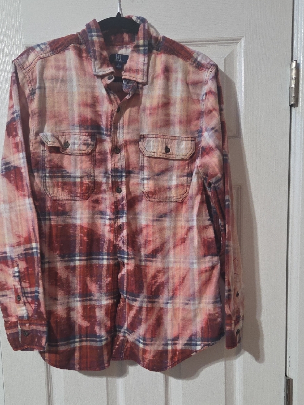 George Hand Bleached/Altered Navy/Red Plaid Button-Up Flannel - Picture 3 of 11